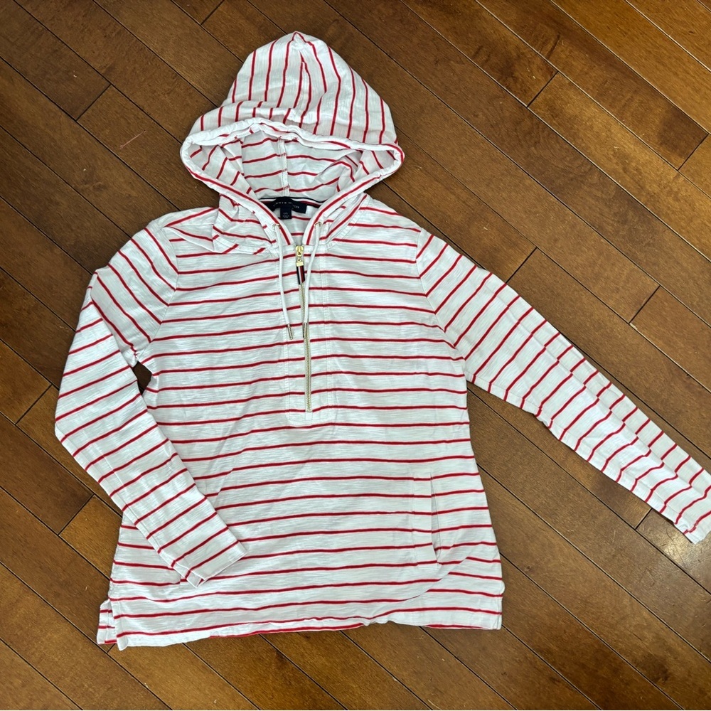 Tommy Hilfiger Red and White Striped Zip-Up Hoodie